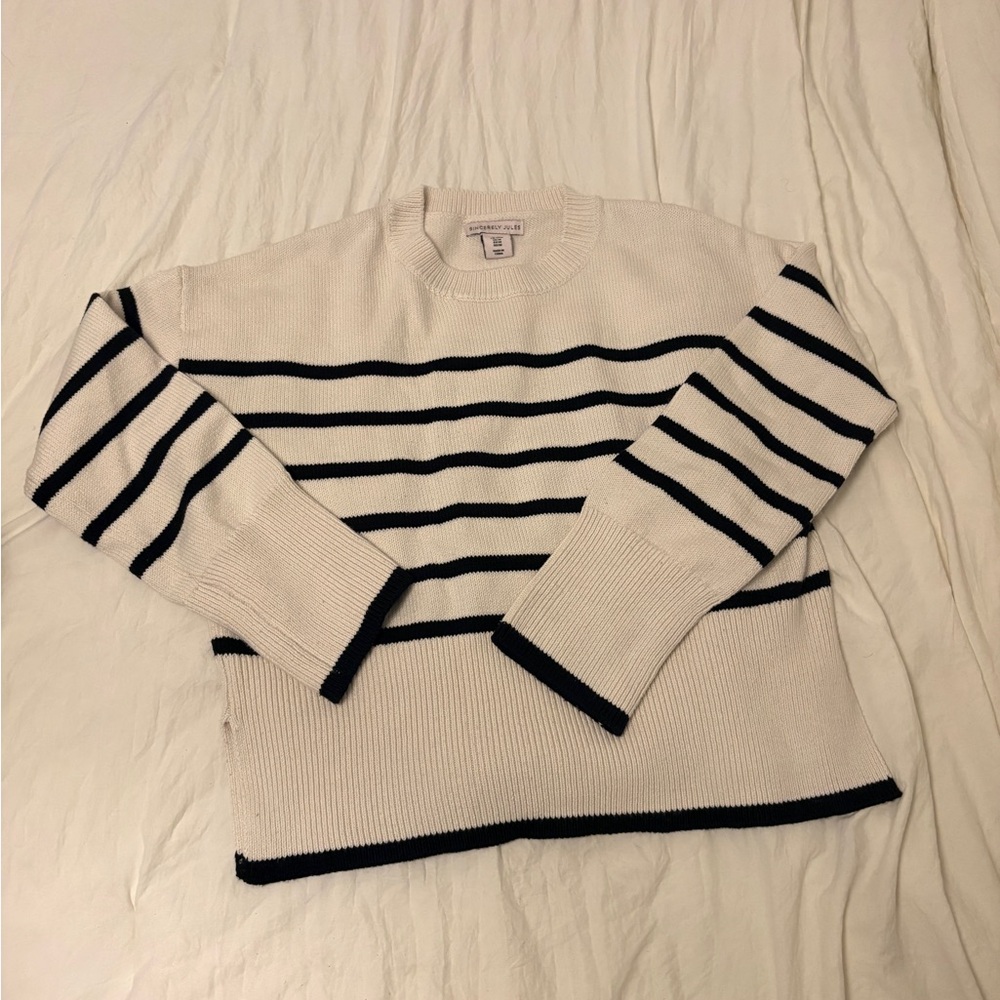 Sincerely Jules White Crewneck Sweater with Black Stripes